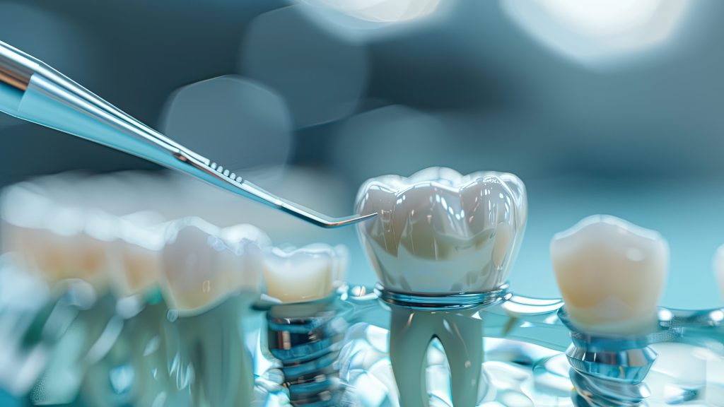 3D render of a dental implant being installed into a model of the gum