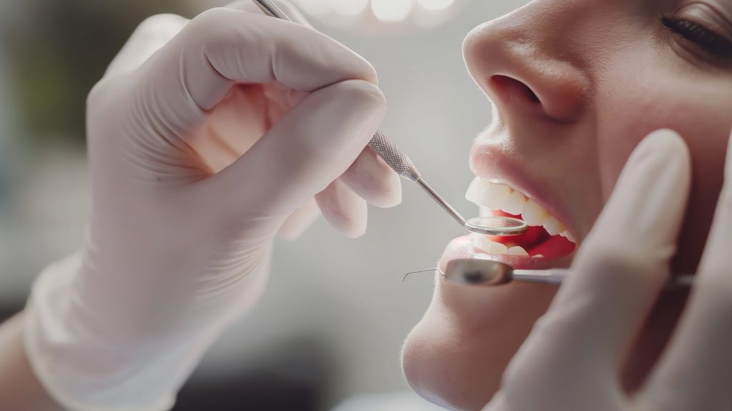 Dentist in white gloves examining patients teeth with mirror and probe in modern clinic, dental checkup and treatment concept.